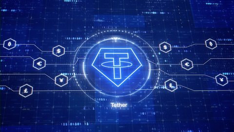 Tether animated logo. Animation of USDT cryptocurrency. 3D motion design of crypto in digital world.