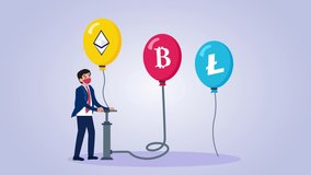 Businessman animation pumping balloons with cryptocurrency coins symbol, symbolizing financial bubble. Cartoon in 4k resolution - Powered by Shutterstock - Get 15% off with code: PIKWIZARD15