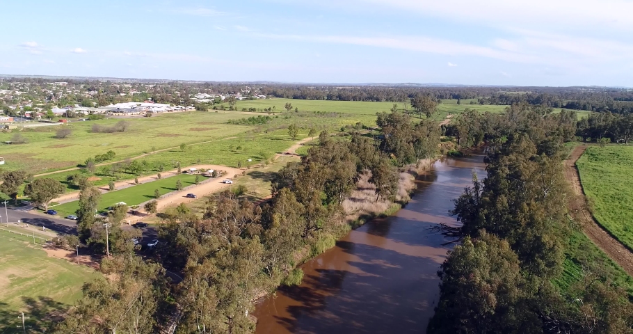 Plains around Macquarie river in Dubbo city of Australia – aerial 4k hover.
 Royalty-Free Stock Footage #1075747121