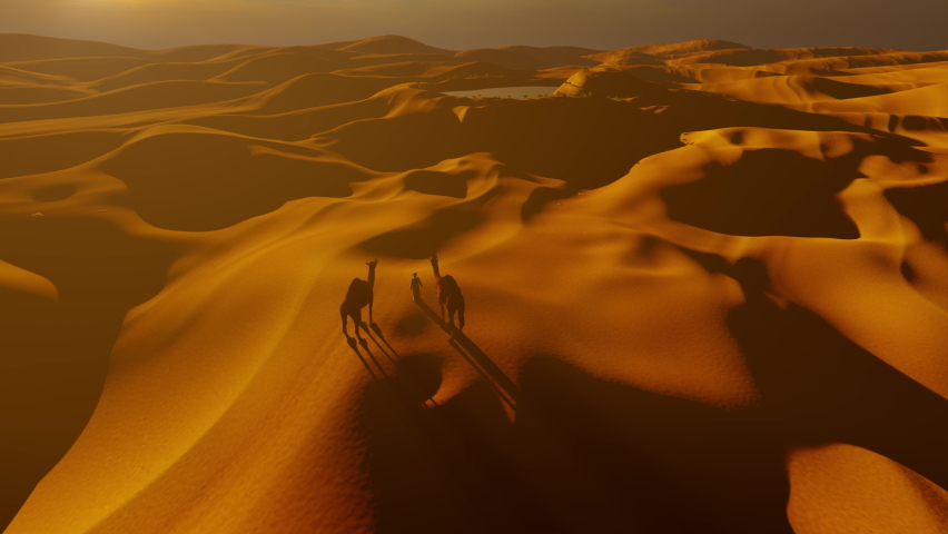 Man with 2 camels overlooking the sand dunes for an oasis, 4K