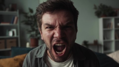 Irritated emotional man shouting, portrait of screaming brutal male person with beard, sitting on sofa in living room, looking in camera with furious view, feeling anger and stress, bad mood.
