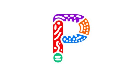 Letter P. 4K video. Unique font animated isolated on White background. Colorful bright multi-colored contrasting doodle symbol, ornament. Capital Letter P for logo, icon, user interface, game, apps.
