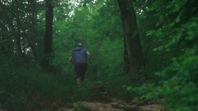 Male hiker with a prosthetic leg. A disabled person overcomes rocks in the forest, enjoying his time on a trip to the mountains, hiking, holding Nordic walking sticks. Metal prosthetic knee and foot. - Powered by Shutterstock - Get 15% off with code: PIKWIZARD15