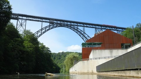 Mungstener Bridge, Müngstener Brücke, Solingen, Germany at the river Wupper.  Shot with Camera Crane
