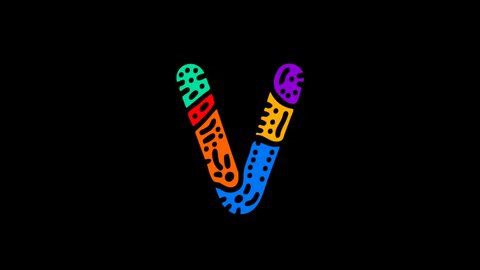 Letter V. 4K video. Transparent Alpha channel. Unique cartoon doodle animated font. Colorful bright multi-colored contrasting symbol, ornament. Capital Letter V for logo, icon, education, game, apps.
