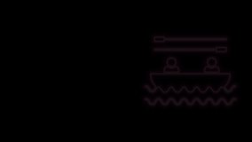 Glowing neon line Boat with oars and people icon isolated on black background. Water sports, extreme sports, holiday, vacation, team building. 4K Video motion graphic animation.