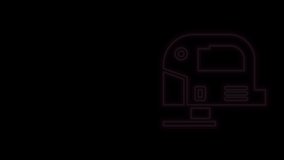 Glowing neon line Electric jigsaw with steel sharp blade icon isolated on black background. Power tool for woodwork. 4K Video motion graphic animation.
