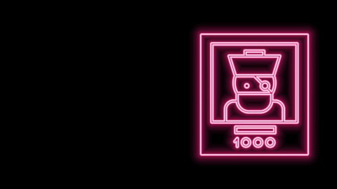 Glowing neon line Wanted poster pirate icon isolated on black background. Reward money. Dead or alive crime outlaw. 4K Video motion graphic animation.