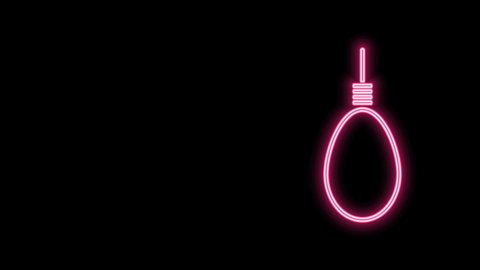 Glowing neon line Gallows rope loop hanging icon isolated on black background. Rope tied into noose. Suicide, hanging or lynching. 4K Video motion graphic animation.