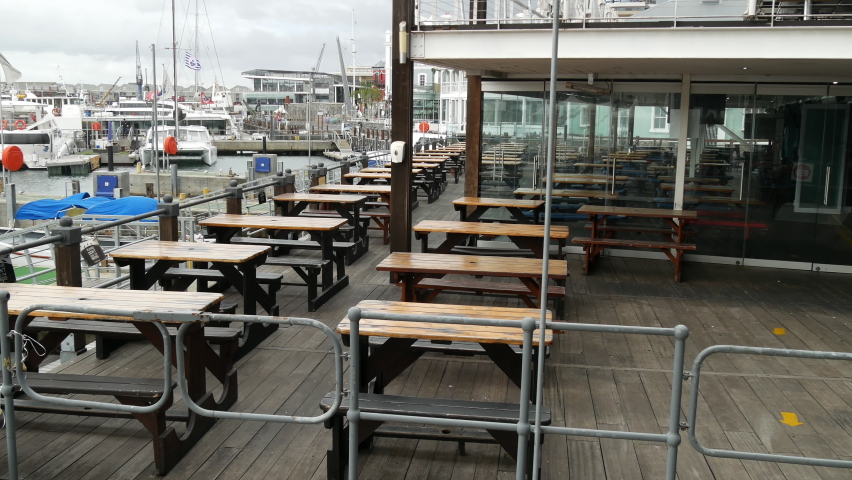 Empty no people restaurant waterfront deck and inside building, pan, VA Waterfront Cape Town 