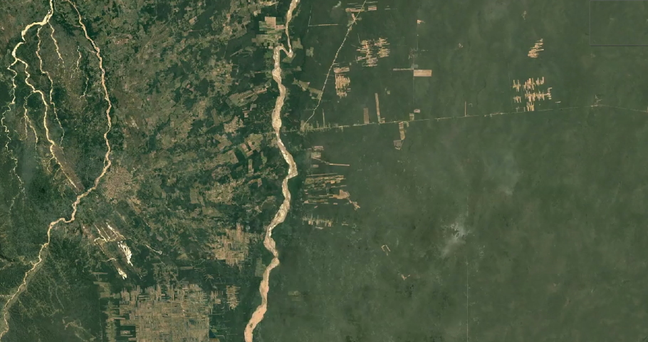 Time lapse development infrastructure near Santa Cruz, Paraguay from satellite between 1986 and 2020. Data: NASA Royalty-Free Stock Footage #1075758860