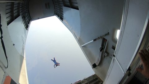 Skydiving. First person view. The start of the jump.