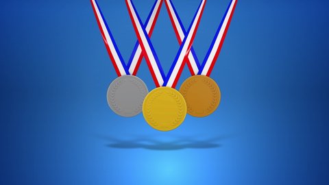 Sports Medals Drop In on Blue with Matte. gold, silver, and bronze medals drop into view and twist with red white and blue neck bands on blue with matte