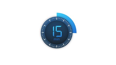 The 15 minutes timer. Stopwatch icon in flat style. Motion graphics.