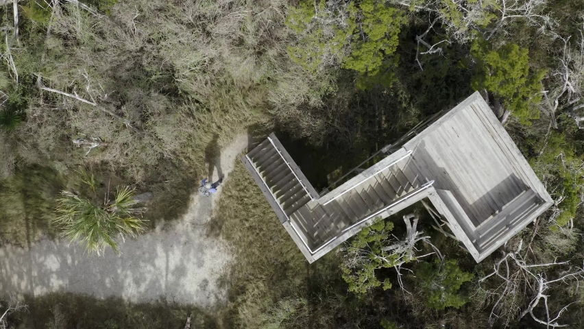FLORIDA - CIRCA 2020s - 2021 - Excellent aerial shot of a man climbing an observation tower in a Florida marsh.