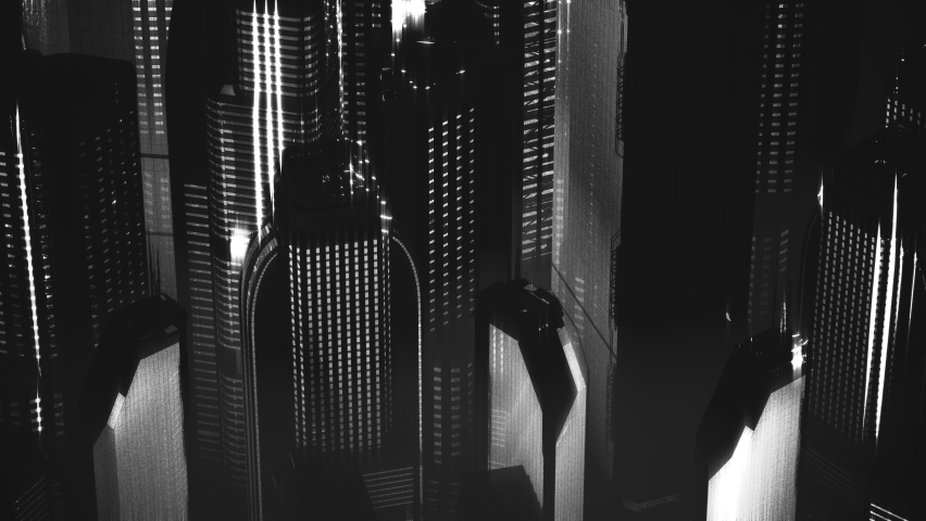 Retro noir megapolis city animation, noisy image, view on skyscrapers from above. Animated night city, cyberpunk