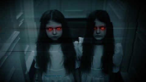 Two evil little twin girls looking at camera, paranormal events, glitchy screen. Ghost activity, horror scene, tv distortion effect