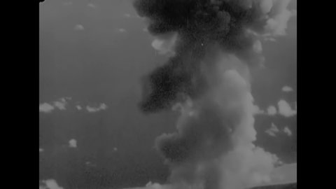 CIRCA 1946 - An excellent aerial view of the mushroom cloud resulting from an atom bomb drop at Bikini Atoll.