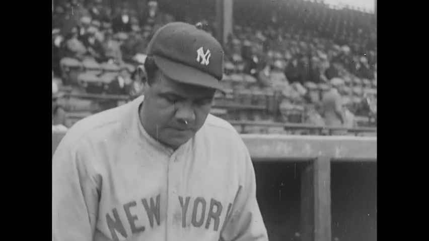 CIRCA 1929 - A newsreel montage of sportsmen starts with Babe Ruth and ends with a fan of the Cubs challenging him.