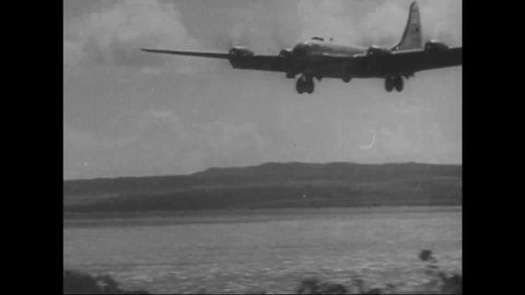 CIRCA 1945 - A Japanese air base destroyed by the allies is rebuilt as an airstrip for the B-29 carrying an atomic bomb (narrated in 1946).