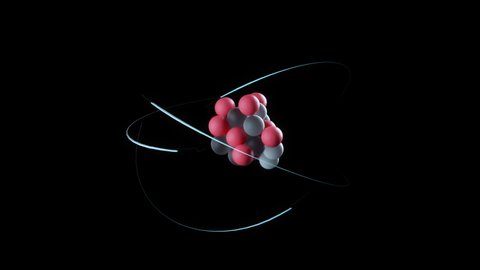 Standard model of atom on black background, atomic nucleus consisting of protons and neutrons and electrons orbiting around. Particle physics