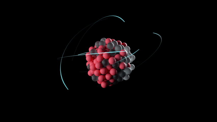 Unstable uranium atom, nucleus composed of neutrons and protons and spin electrons orbiting around it, 3D rendering of standard atomic model. Particle physics concept Royalty-Free Stock Footage #1075773104