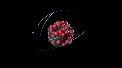 Unstable uranium atom, nucleus composed of neutrons and protons and spin electrons orbiting around it, 3D rendering of standard atomic model. Particle physics concept