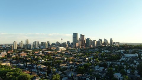 Aerial Drone Shot of Calgary Alberta Canada Downtown during Sunset in Summer, beautiful establishing aerial of Calgary Alberta