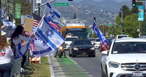 LOS ANGELES, CALIFORNIA, USA - MAY 23, 2021: Israel supporters protest against Palestinian Hamas, a militant group governing Gaza, Beverly Hills, Los Angeles, California, 4K