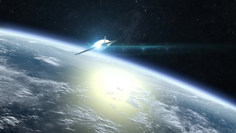 A hypersonic space drone with nuclear missiles flies away quickly. View of the Earth from space. The horizon is rotated to the right. 4K. 3D animation.