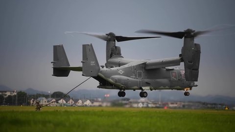CIRCA 2020 Special operations soldiers practice rope work from a V-22 Osprey during exercise Gryphon Jet, Yokota Air Base.