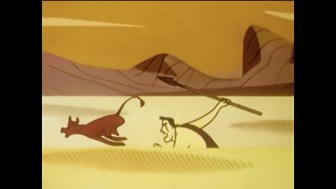 CIRCA 1950s - The prehistoric man having become more skillful at hunting, he had to migrate searching for food in this animation from 1951.