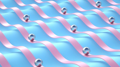 A loopable 3d render animation of balls sliding, metallic, pink and blue colors