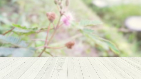 Wooden table slats on a hot summer day, and nature background bokeh and flower