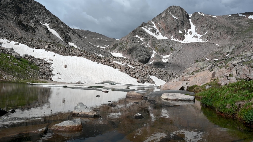 Storm clouds coming in over a mountain peak and alpine lake in the remote section of Rocky Mountain national Park