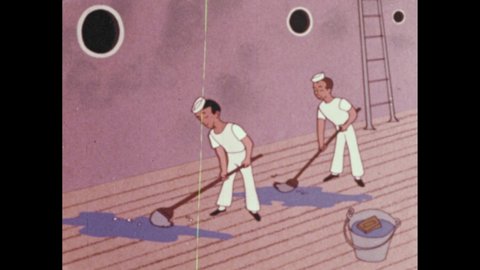 1960s: Sailors swabbing ship deck with mops. Man removing bucket from path of man climbing down ladder. Men sleeping in bunks. Sailor blowing whistle. Men getting dressed, making beds.