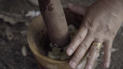 Manipuri hands use wooden mortar and pestle to crush garlic cloves