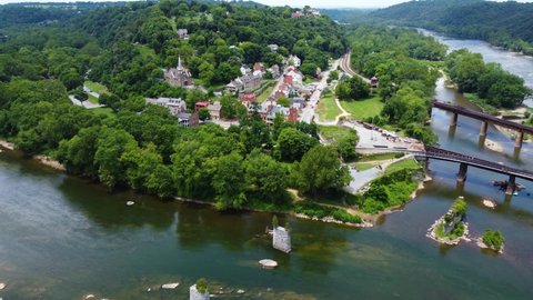 Harper's Ferry, West Virginia, site of John Brown's raid to fight slavery. Surrounded by the Shenandoah River and Potomac river. Aerial drone.