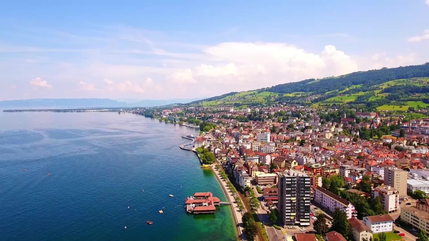 The natural view of Rorschach near Bodensee, Switzerland, and the surrounding green mountain ranges and Europeen style buildings