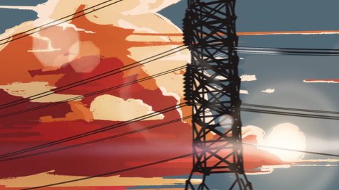 Chill Looping animated illustration of powerlines and transmission towers at sunset from a car window

