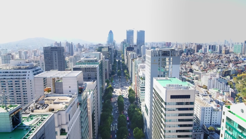 Aerial view of the downtown of Seoul, Korea and the building forest. Gangnam Street | Shutterstock HD Video #1075798211