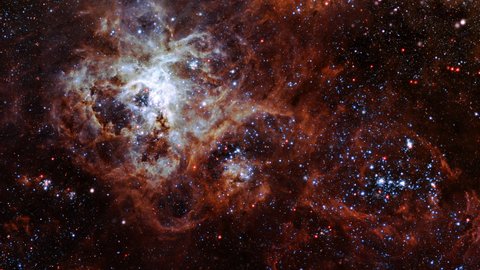 Flying into deep space to The Tarantula Nebula also known as 30 Doradus, H II region in the Large Magellanic Cloud. 4K 3D animation Universe Galaxy Nebulae Space Flight Travel. Furnished by NASA image