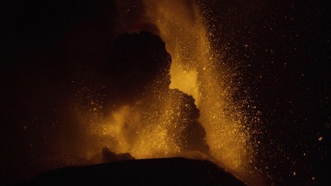 Paroxysmal activity of the Sicilian volcano Etna on July 8, 2021. Explosions, lava and column of smoke that covered Etna's neighboring towns with ash and lapilli.
