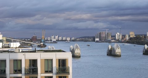 London, UK, 24-03-2020: Aerial view from Royal Wharf development towards Thames barrier located on the River Thames in East London.