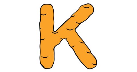 Letter K. Video in cartoon style, melting orange letter on which liquid flows down. Advertising of honey, chocolate and ice cream. 4K animation with alpha channel for web sites, presentations