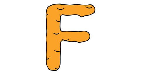 Letter F. Video in cartoon style, melting orange letter on which liquid flows down. Advertising of honey, chocolate and ice cream. 4K animation with alpha channel for web sites, presentations
