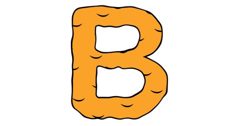 Letter B. Video in cartoon style, melting orange letter on which liquid flows down. Advertising of honey, chocolate and ice cream. 4K animation with alpha channel for web sites, presentations