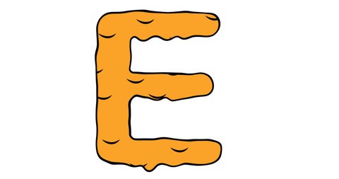 Letter E. Video in cartoon style, melting orange letter on which liquid flows down. Advertising of honey, chocolate and ice cream. 4K animation with alpha channel for web sites, presentations