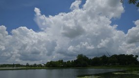 The clouds in the blue sky were moving quickly. Below are rivers and green forests. It was recorded with a video time lapse