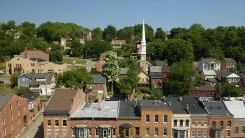 Close Up View of Church Steeple in Classic Small Town USA. Galena, Illinois